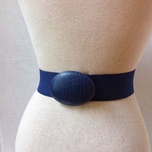 Vintage Blue Buckle Belt Faux Leather Oval Stretch